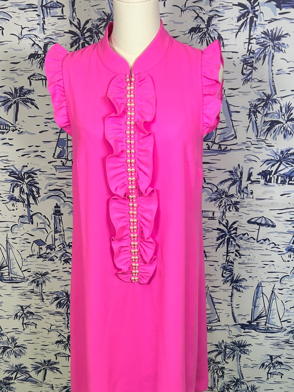 Lilly Pulitzer Hot Pink Ruffle Pearl-Trim Mini Dress
